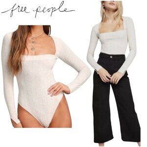 Free People Cream Square Neck Ribbed Long Sleeve Thong Bodysuit XS
